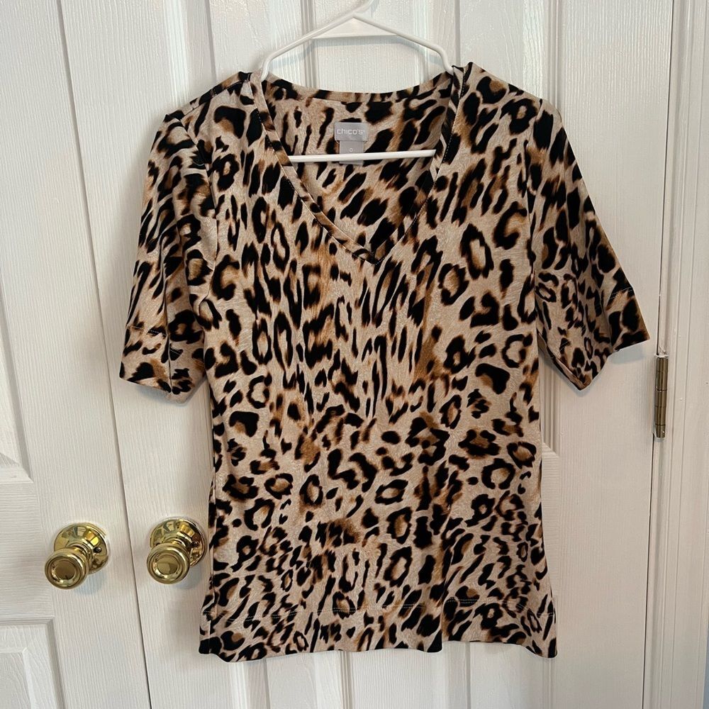 Chico's Womens 0 V-Neck Pima Cotton Cheetah Print‎ Short Sleeve Top
